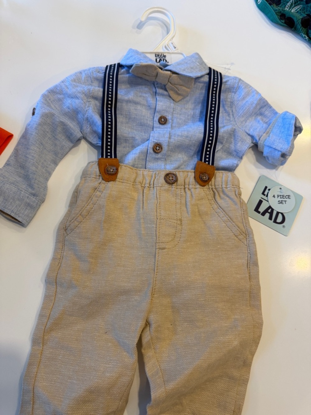 NWT Little Lad Boys Beige and Light Blue Matching Set with Suspenders